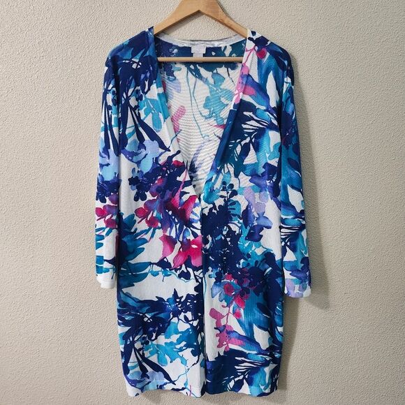 Chico's Sweaters - Chico's Spring Paradise Cardigan Sweater Floral Pattern Longline Lightweight
